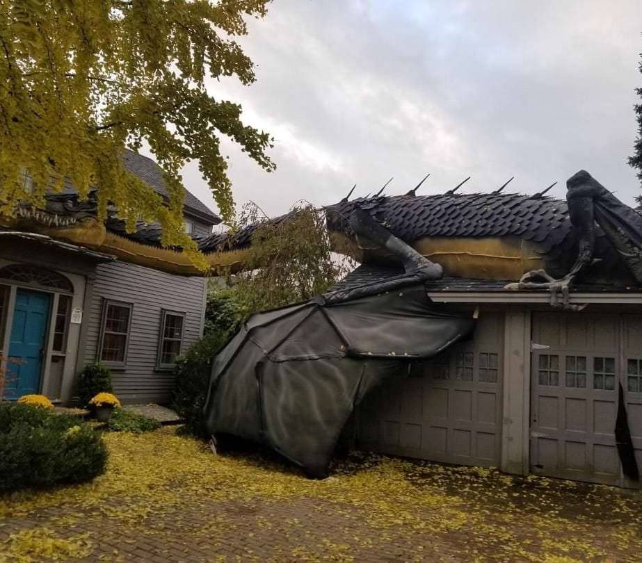 Giant dragon covers house and garage as a decoration