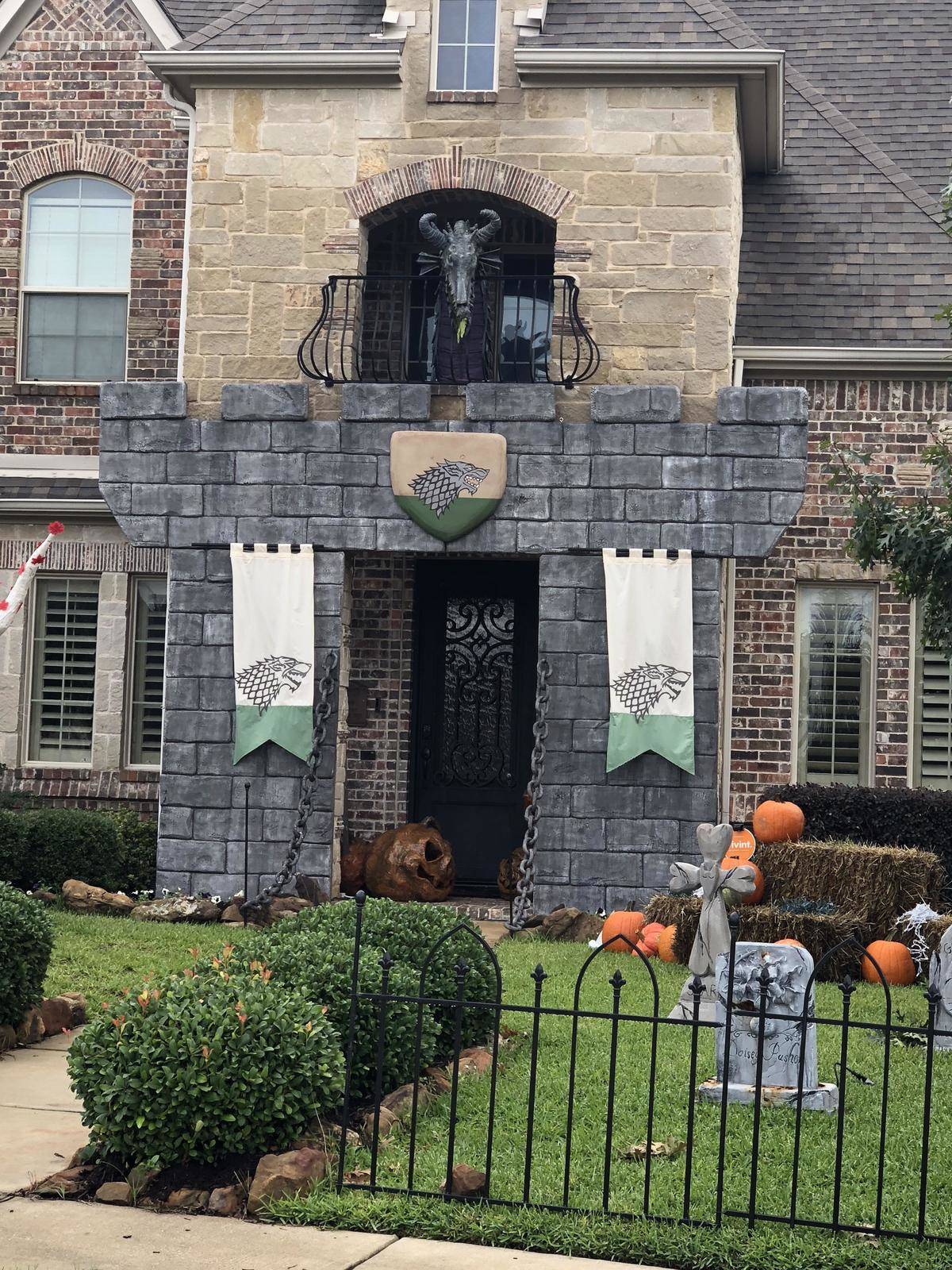 Castle front house with House Stark banners from Game of Thrones