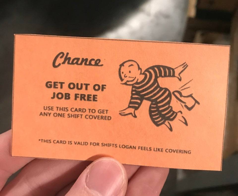A birthday present for a colleague that is a Monopoly card that says the person can use this card and get a colleague to cover any one shift