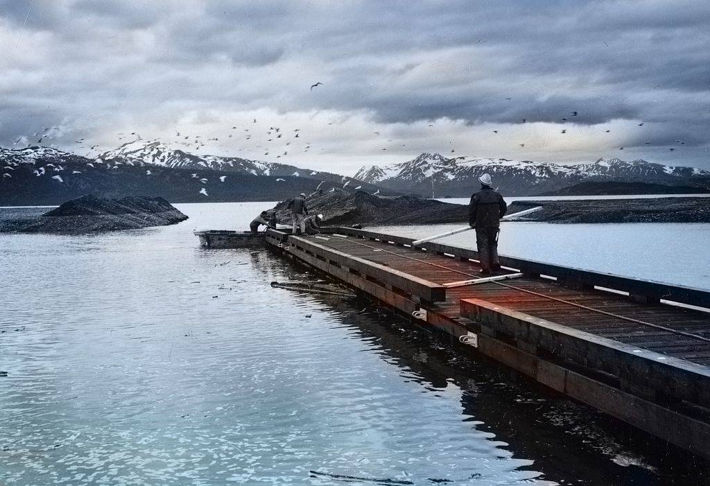 construction workers work on a dock in Homer, Alaska