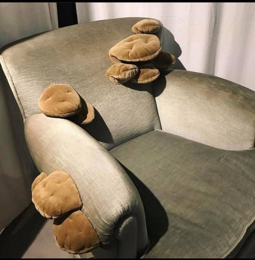 Mushrooms made of fabric sewn onto sitting chair