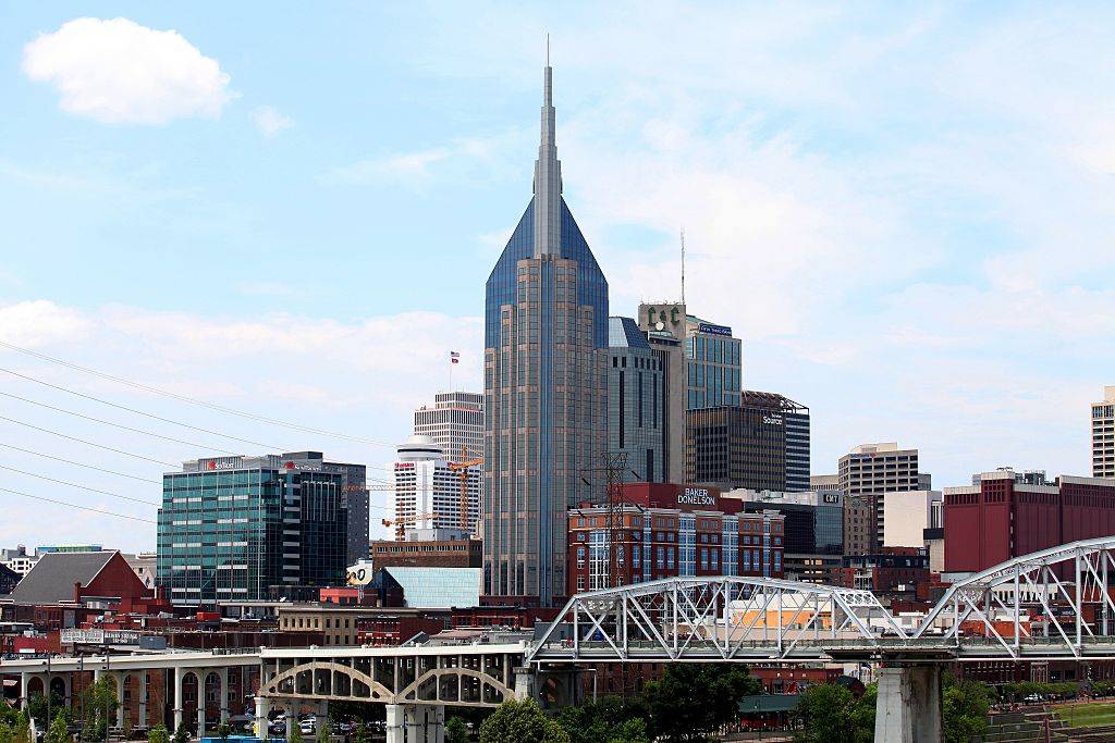 Nashville skyline and Shelby Street Bridge in Nashville, Tennessee