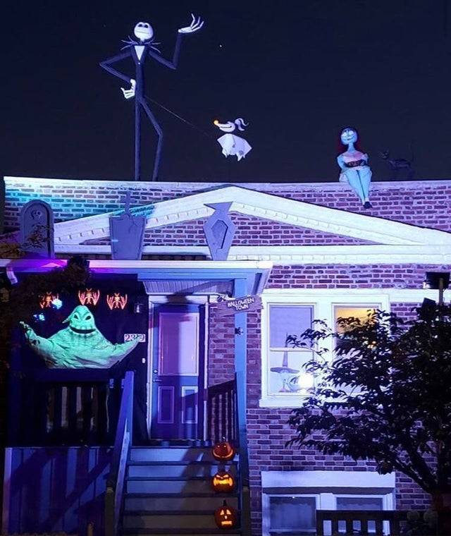 Nightmare Before Christmas Halloween figurines decorate a house