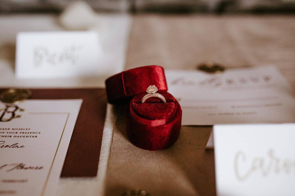 Engagement ring in red velvet ring box