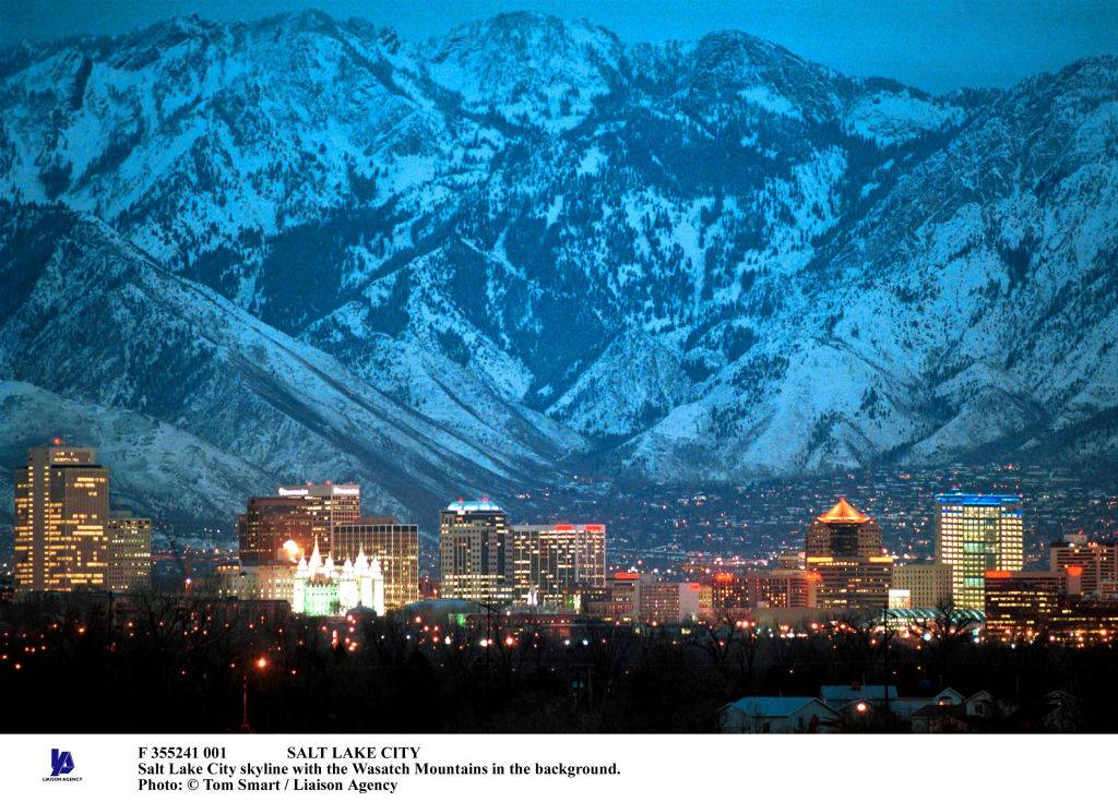 Salt Lake City, Utah skyline with the wasatch mountains in the background