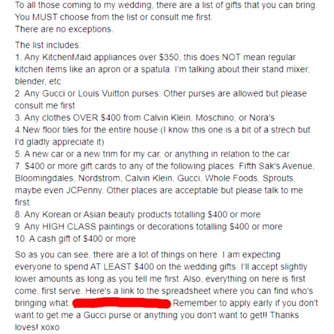 woman's wedding registry post on Facebook. Including: Any KitchenMaid appliances over $350, Any Gucci or Louis Vuitton purses, a new car or new trim for my car, cash gift of $400 or more.
