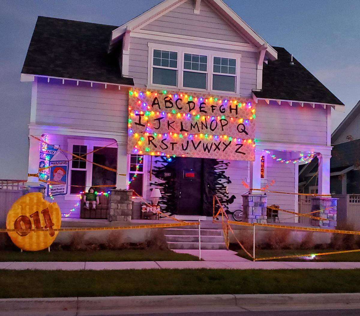 Halloween decorations from Stranger Things on a house