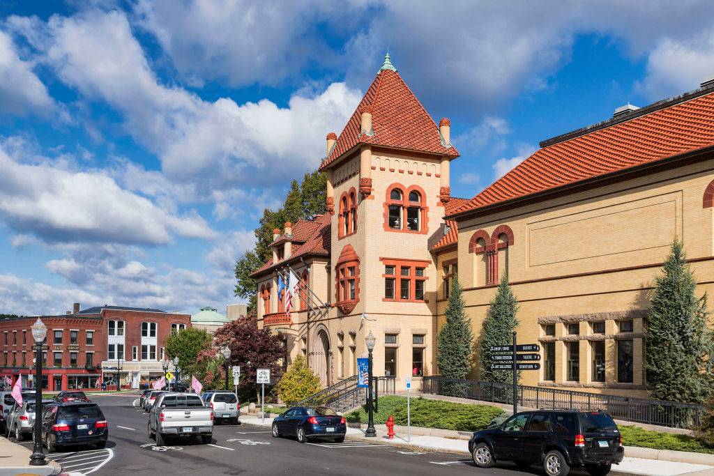 Westerly, Rhode Island downtown area with buildings and a road