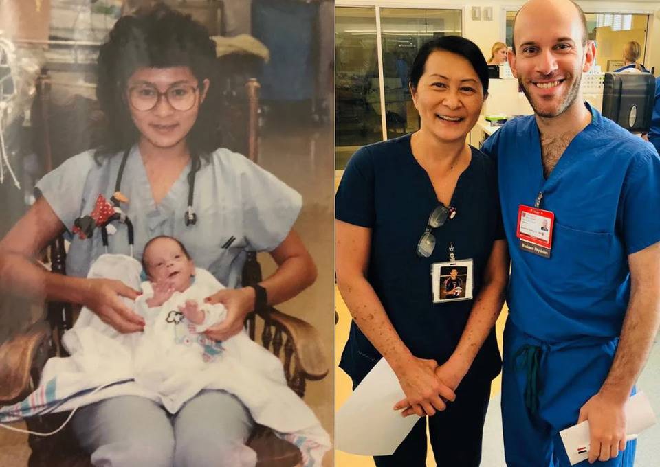 A split screen image of a nurse caring for a a premature baby, and a photo of the two of them as adults and unexpected coworkers 