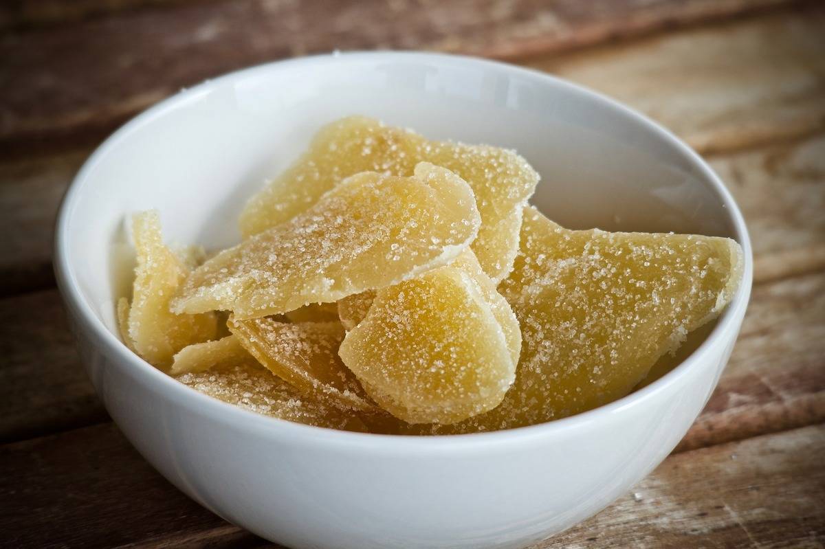 Dried ginger is sweetened with sugar.