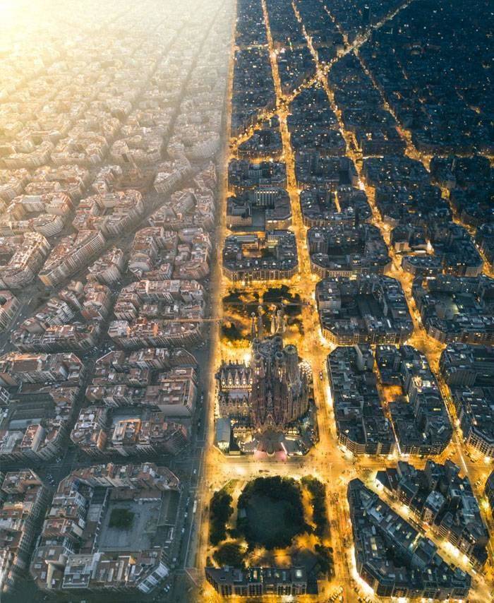 Barcelona overhead shot day and night comparison