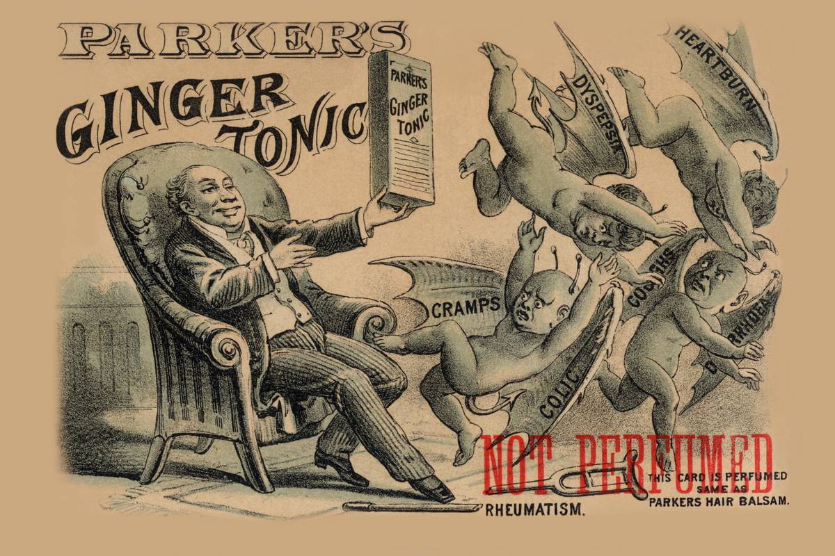 In this Victorian ad, a man uses ginger tonic to dispel cramps, heartburn, and other stomach issues.