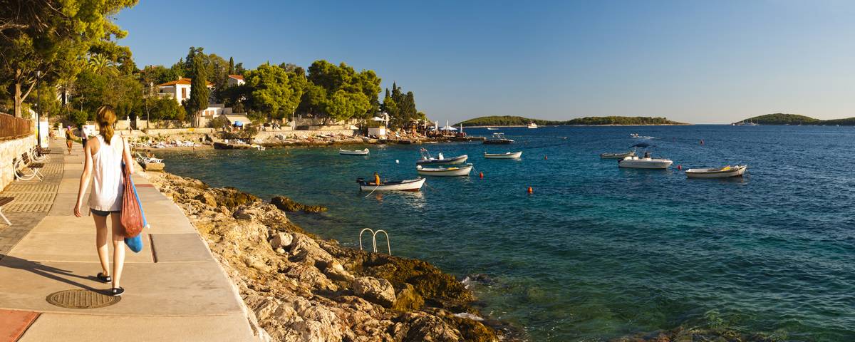 Hvar Island, panoramic photo of a tourist in Dalmatia region of Croatia.