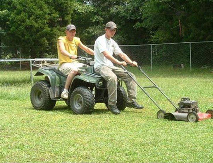 mowing in style with a friend