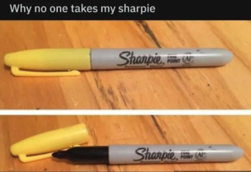 a Sharpie with a yellow lid on it above a photo of the same Sharpie with the yellow lid removed and in front of it on the table revealing a black Sharpie