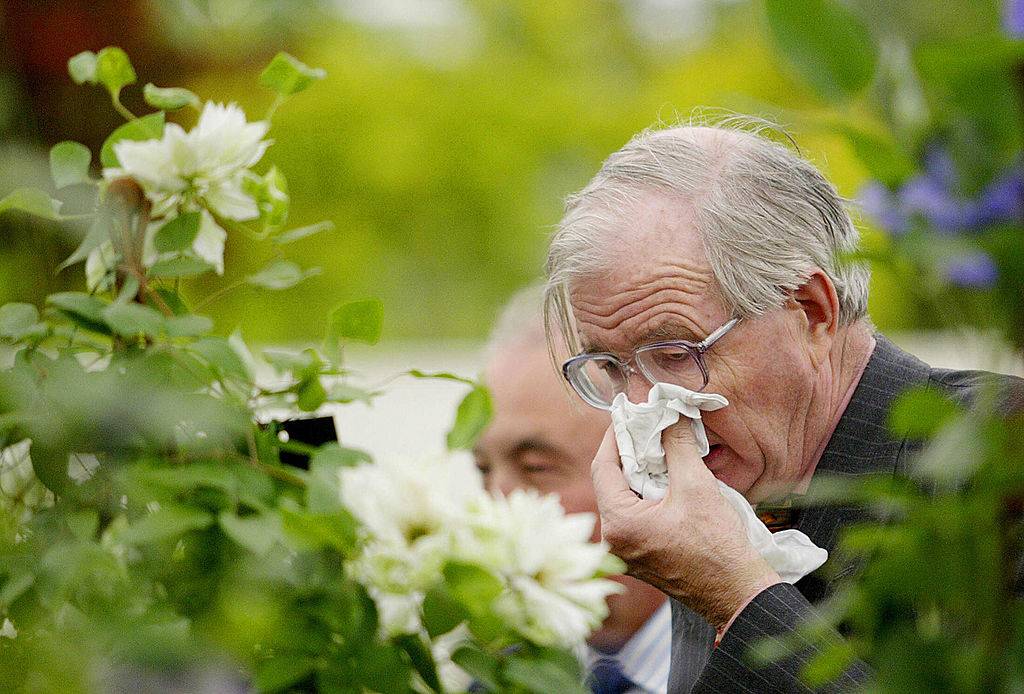 an old man sneezing outside by some flowers