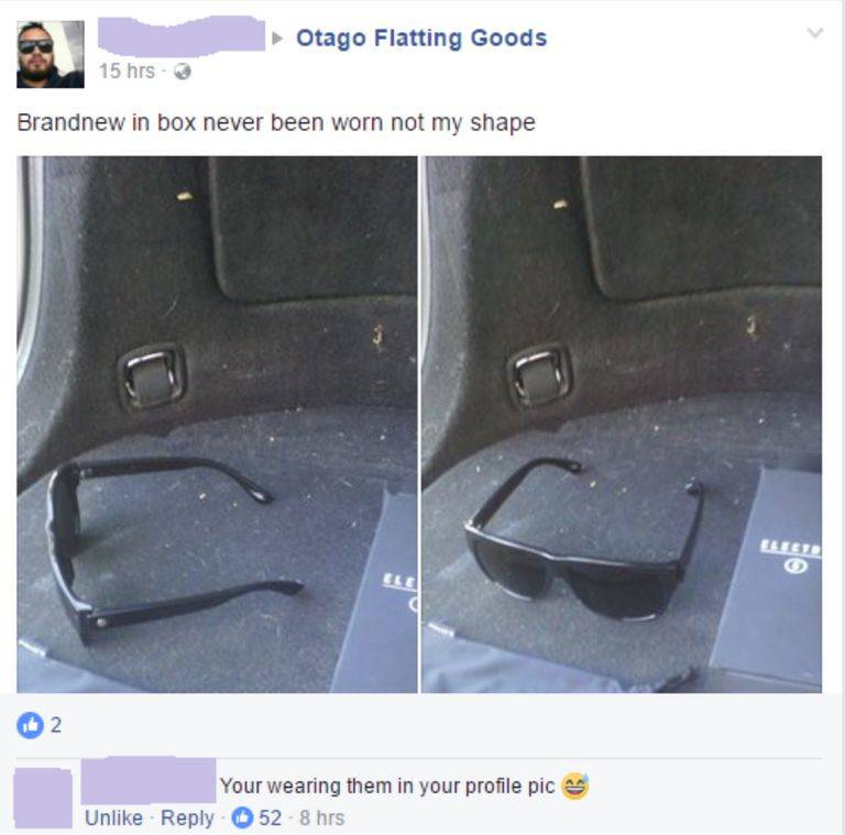 selling sunglasses 'never been worn' but person is wearing them in profile picture