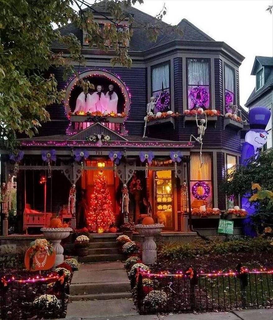 Brightly lit and decorated Halloween house