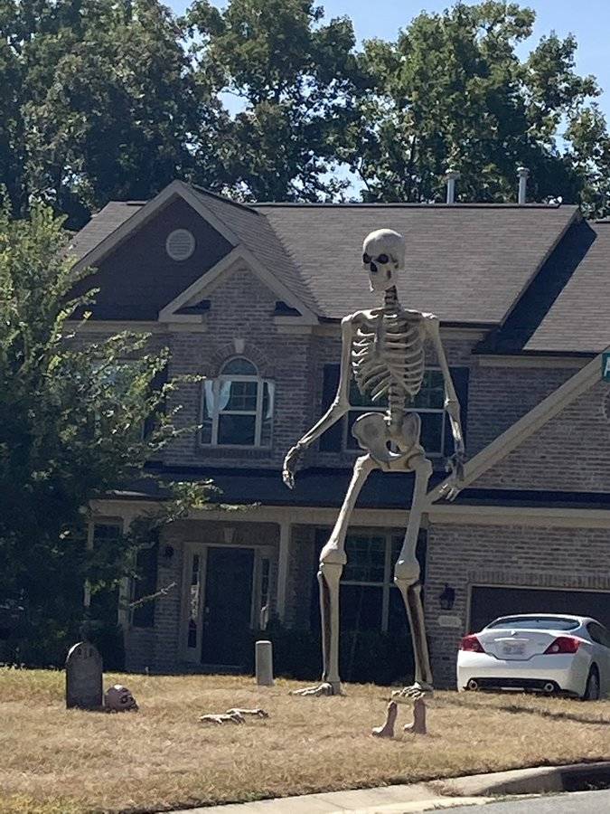 Giant skeleton on front lawn