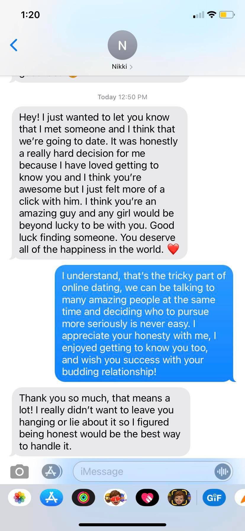 A text message between two exes in which one person says they're going to date someone else and the other person thanks them for being honest.