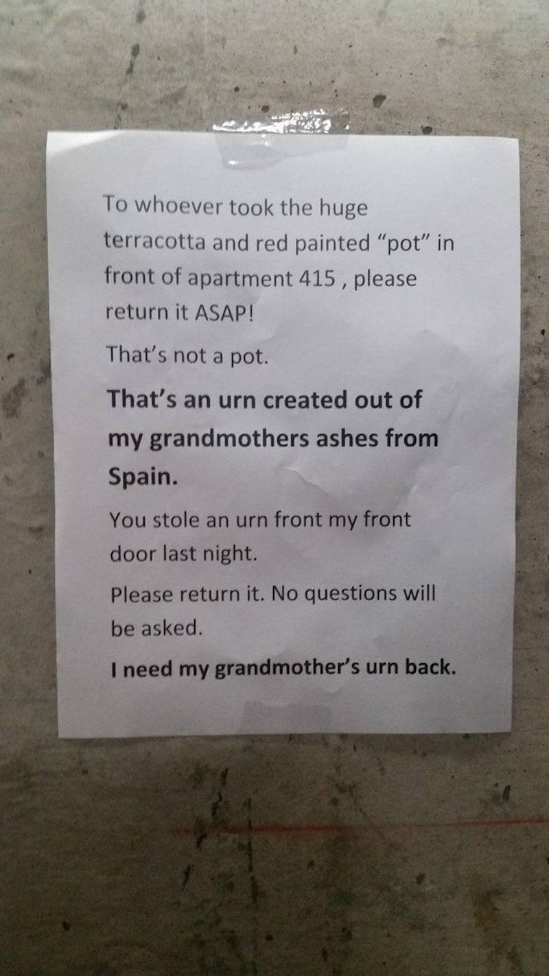Stolen flower pot note