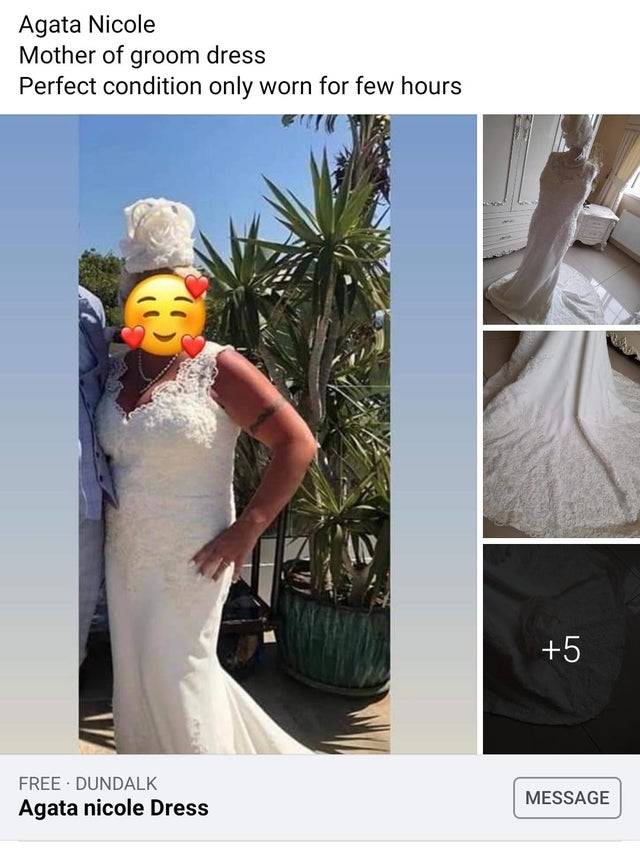 Facebook post advertising a mother of the groom dress that is actually a wedding dress worn by her on her sons wedding day.