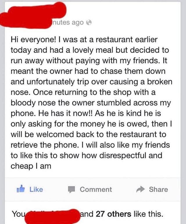 Note on Facebook from restaurant owner who was victim of dining and dashing