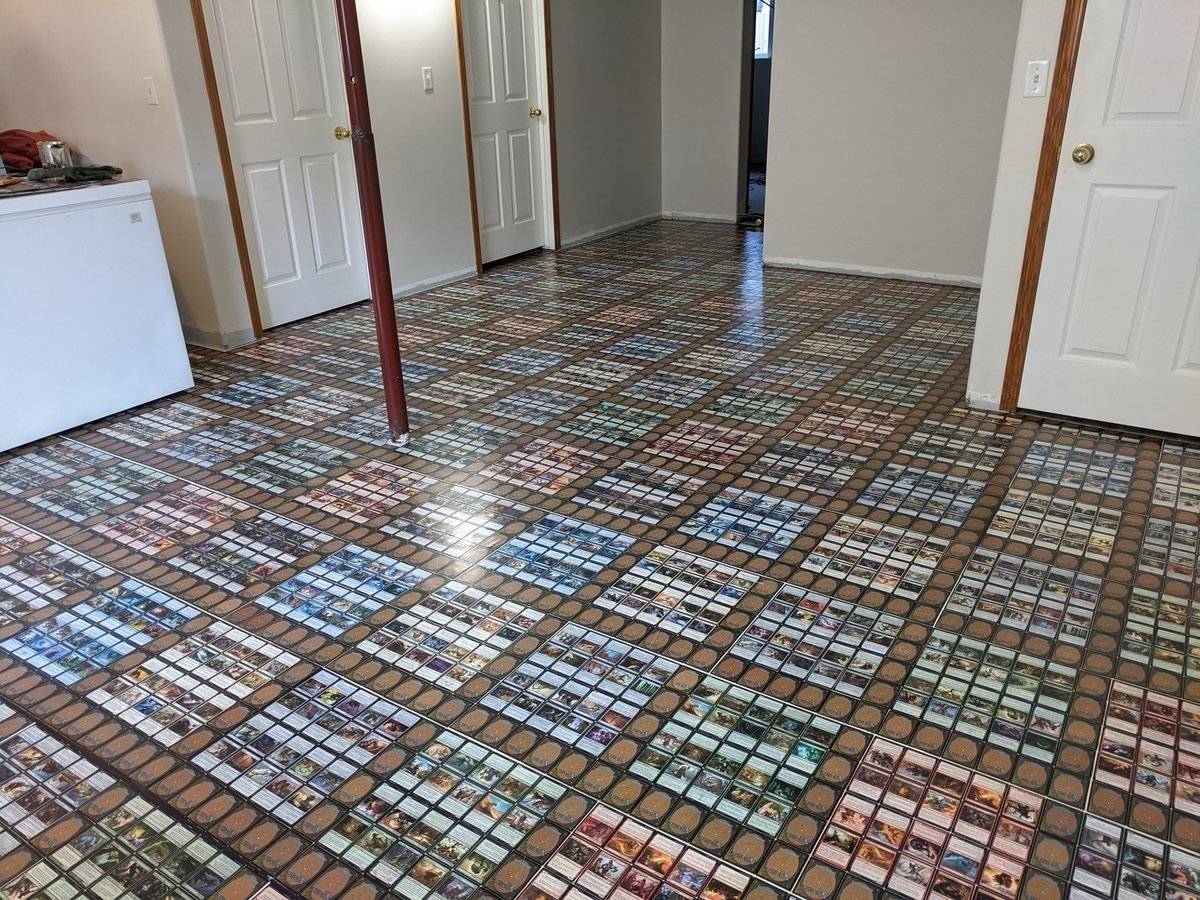cards used as floor tiles in home