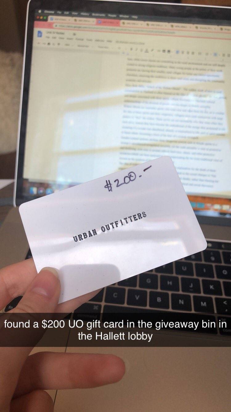 $200 Gift card to Urban Outfitters and text saying it was found in a dumpster.