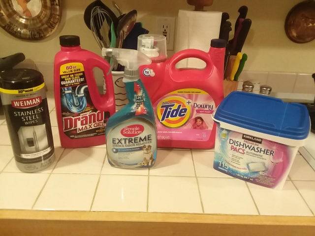 Cleaning supplies on a counter. 