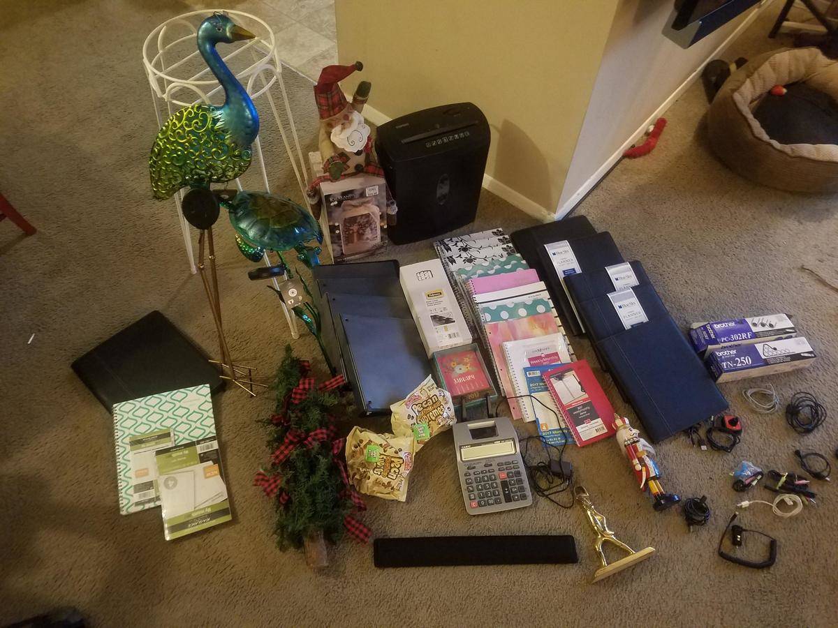 Plastic flamingo and books and binders on carpet. 