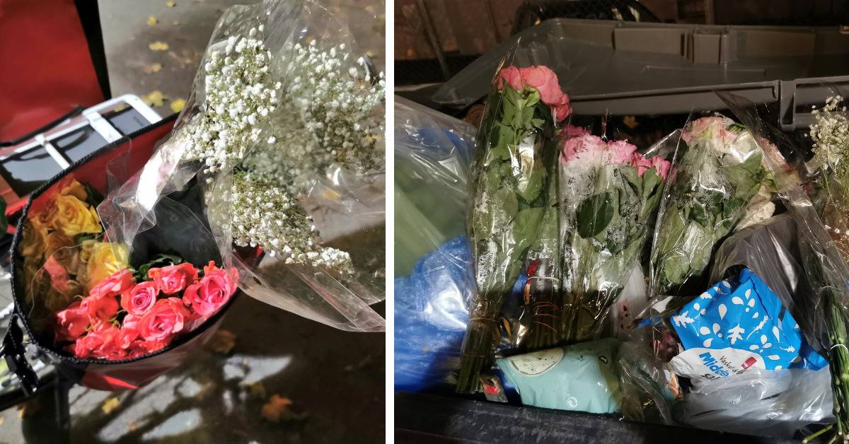Flowers in the basket of a bicycle and on the right flowers in a dumpster. 