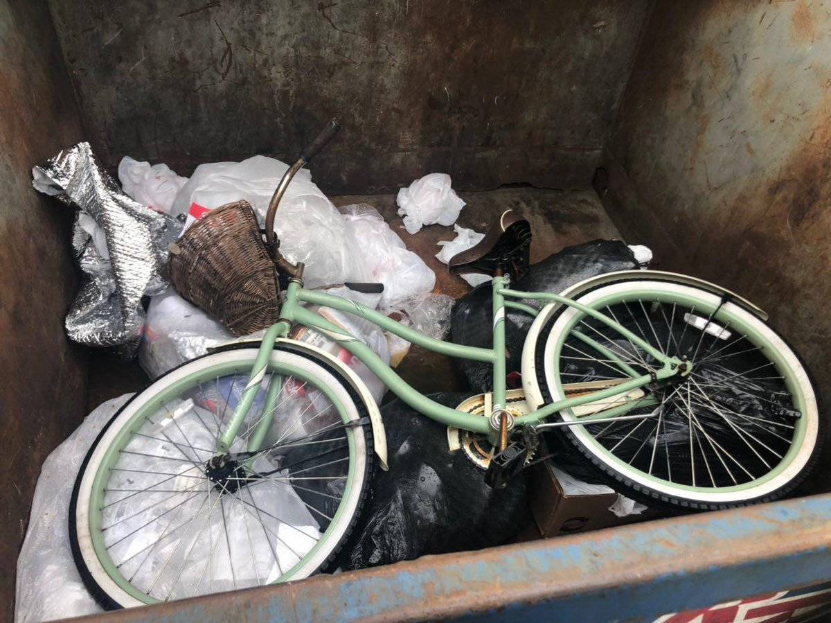Green bicycle in a dumpster. 