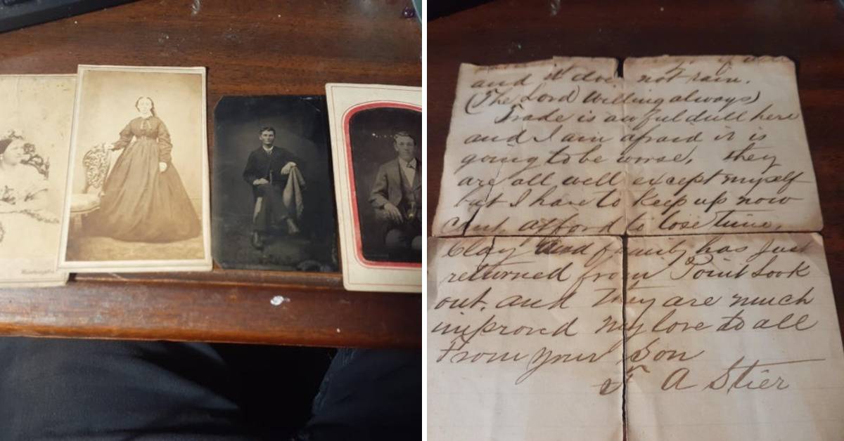 Old pictures and letters on a table. 
