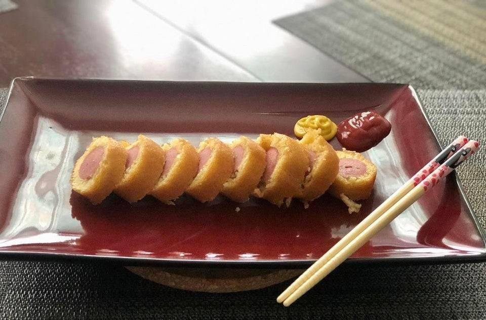 corn dog sushi on a plate