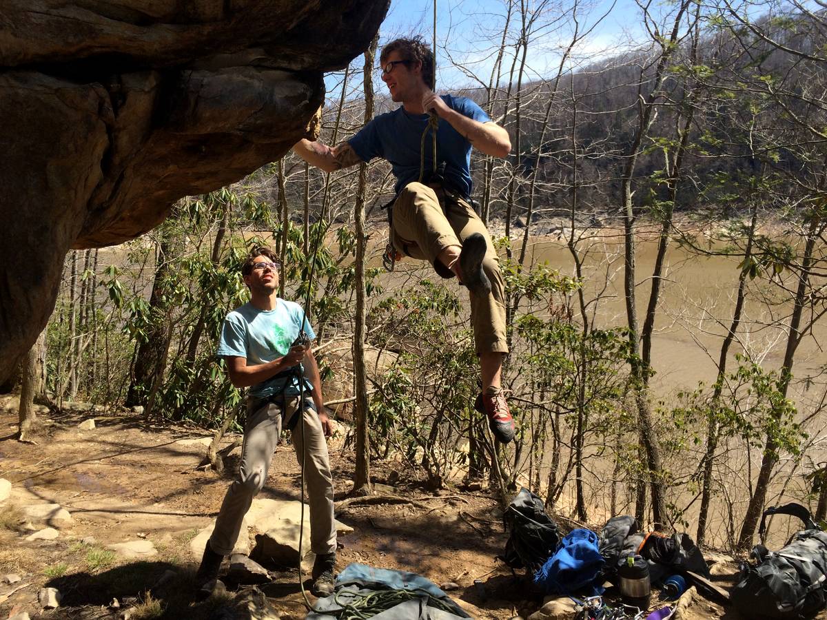 Max Snyder, 23, of Macungie, left, belays Kyle Stroman, 24, of Birdsboro, at Summersville Lake in West Virginia. Photo by Natalie Kolb 5/1/2015