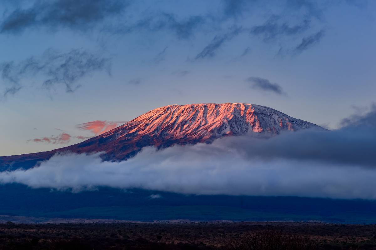 Mount, Mt, Kilimanjaro, in Tanzania, from Satao Elerai Conservancy, Near Amboseli National Park, Kenya.