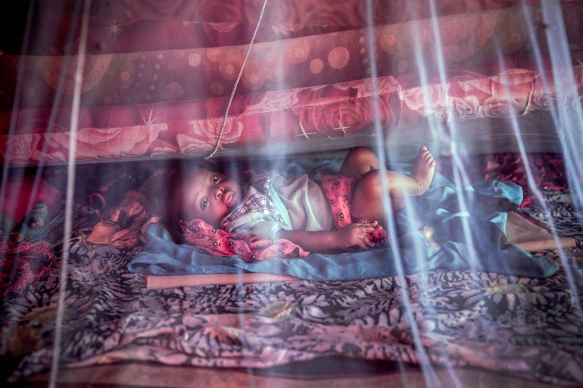 A displaced baby sleeps within a mosquito net during a climate emergency in Somalia.