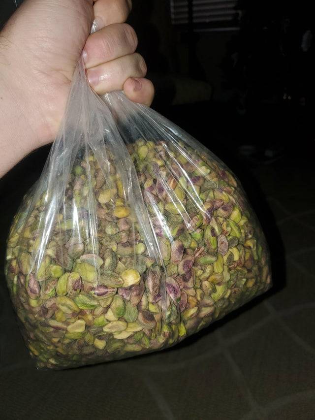 A five-pound bag of pistachios someone received as a Christmas present.