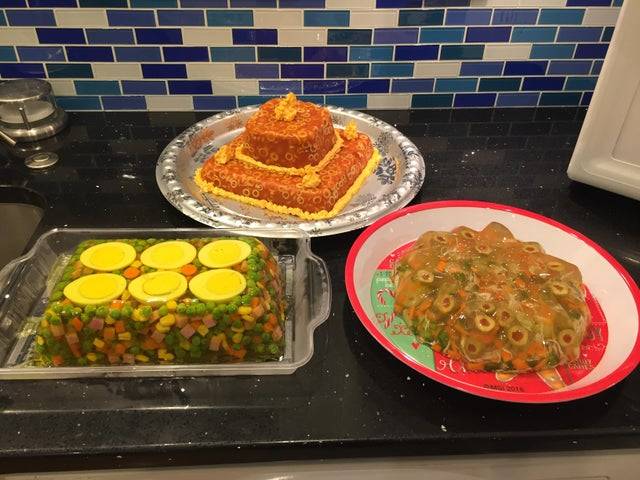 Casseroles of frozen, canned, and jarred foods in gelatin