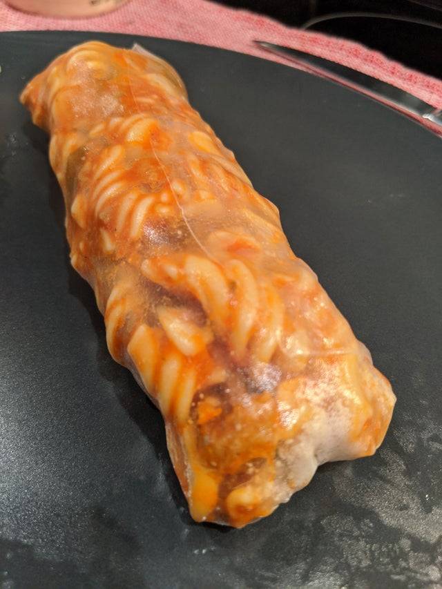 Pasta burrito wrapped in rice paper