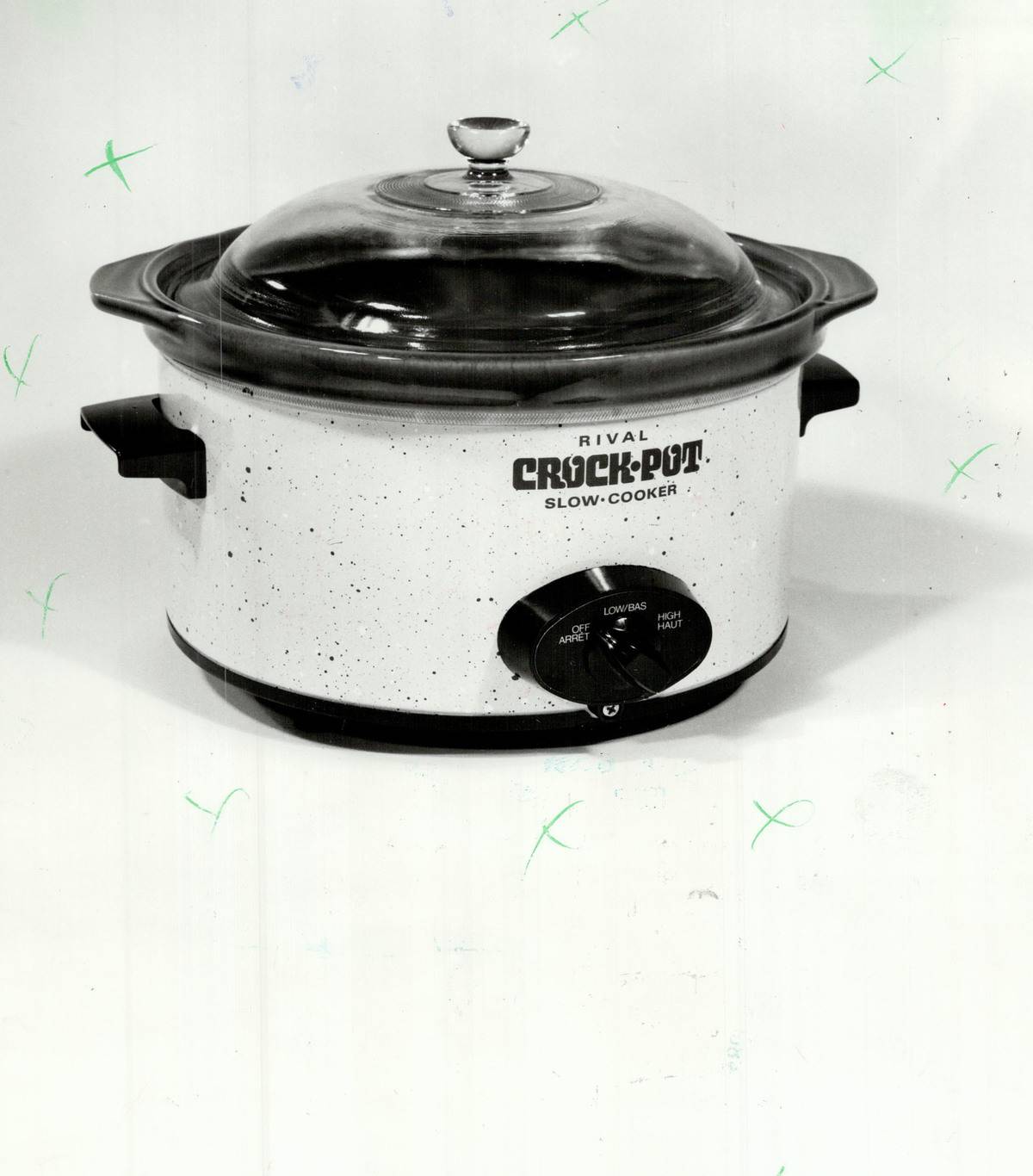 A black and white Rival Crock-Pot slow cooker.