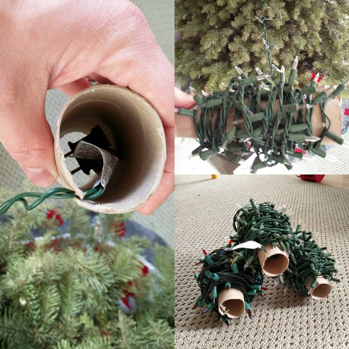 Rolled-up Christmas lights in a toilet paper roll.