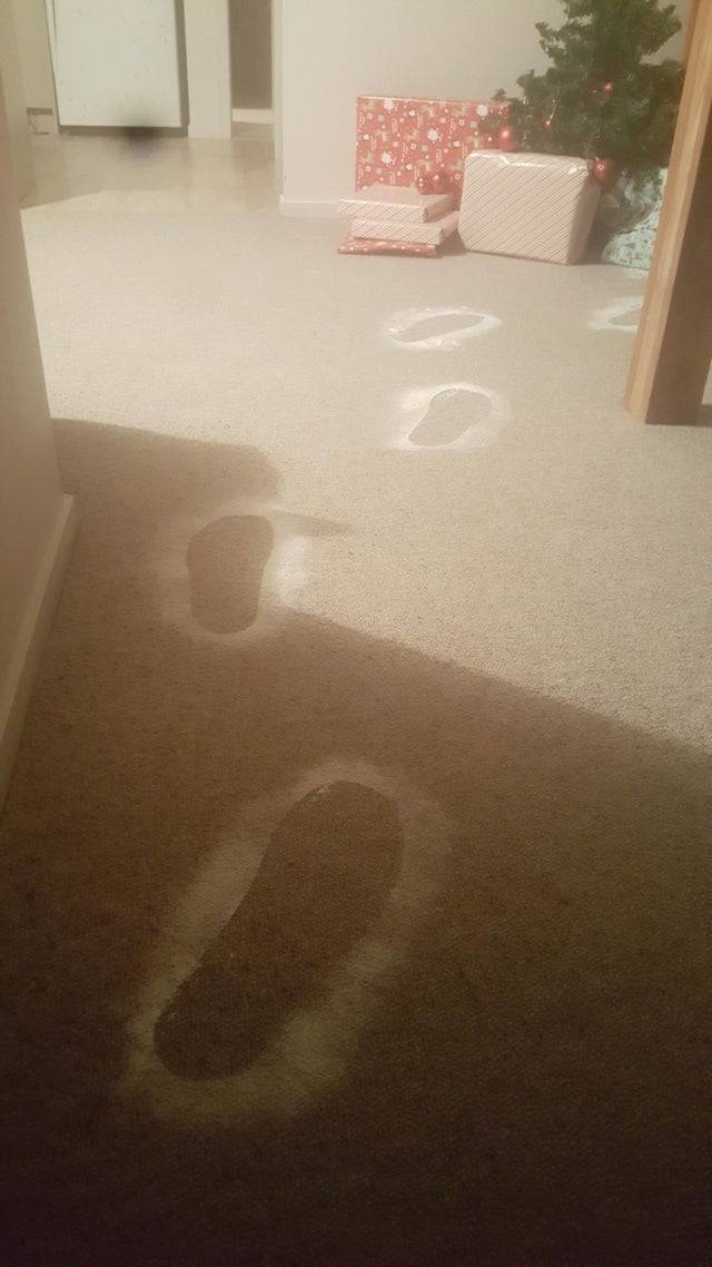 Powdered footprints on carpet