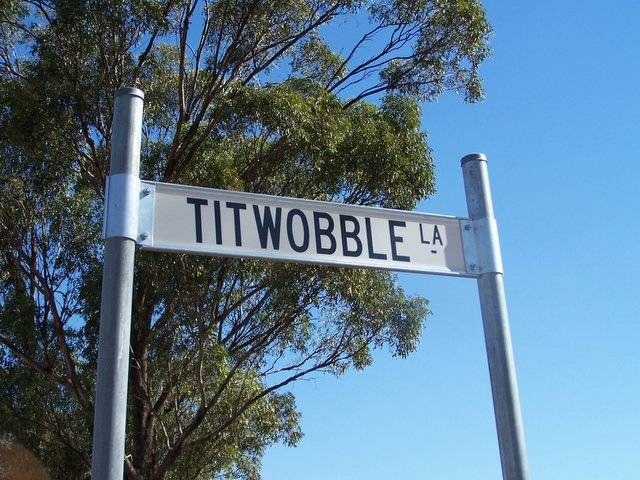 Street sign says TITWOBBLE Lane