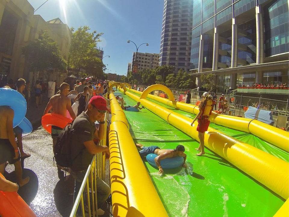 Giant waterslide in city street