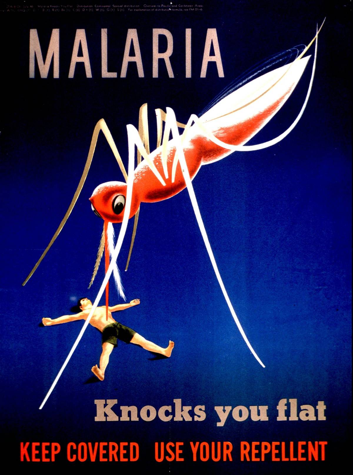 Poster promoting the prevention of the spread of malaria asking people to cover up and use repellent.