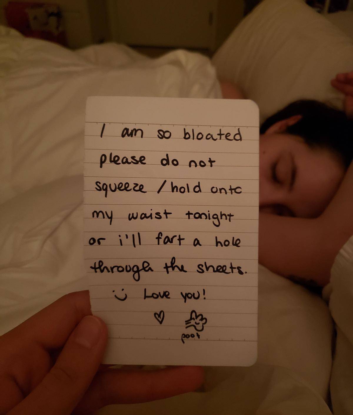 Note from girlfriend about bloated stomach