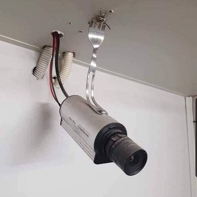 Fork holding up a security camera