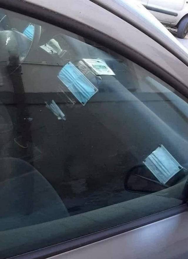 Masks placed over the air vents in a car. 